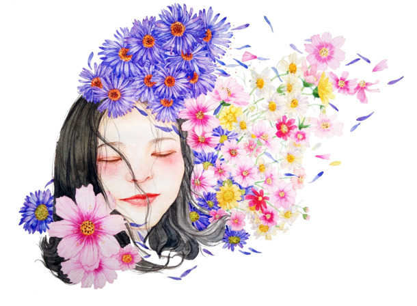 水墨花朵女孩PNG透明图，装饰元素设计素材，高清笔触下载