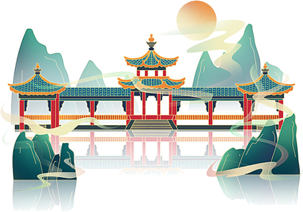 国潮风建筑元素PNG透明图，手绘卡通设计素材，高清下载