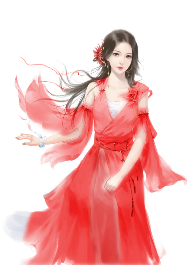 古风红衣女子立绘，性感手绘PNG透明素材，高清卡通元素图片下载