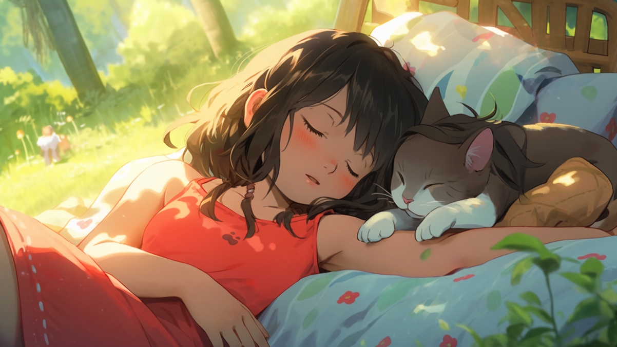 小女孩与猫咪，温馨相伴的4K超高清动漫壁纸（3840x2160）免费下载