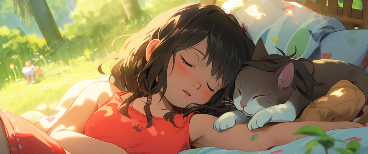 小女孩与萌猫，唯美动漫风带鱼屏4K高清壁纸下载