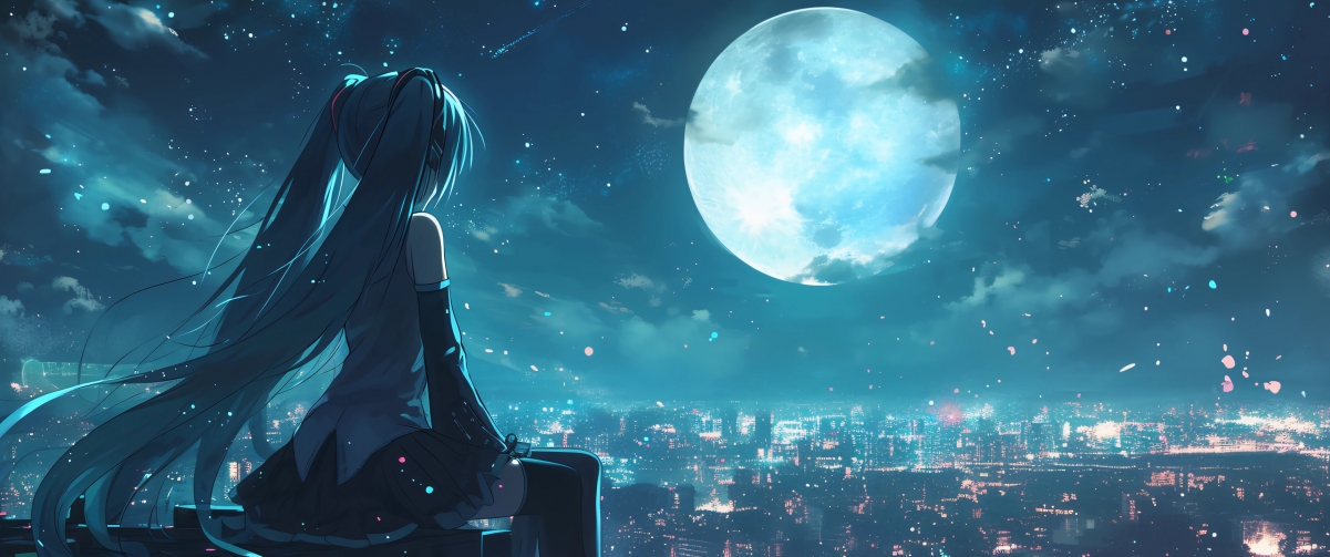 初音赏月美图，4K带鱼屏壁纸，3440x1440高清动漫下载