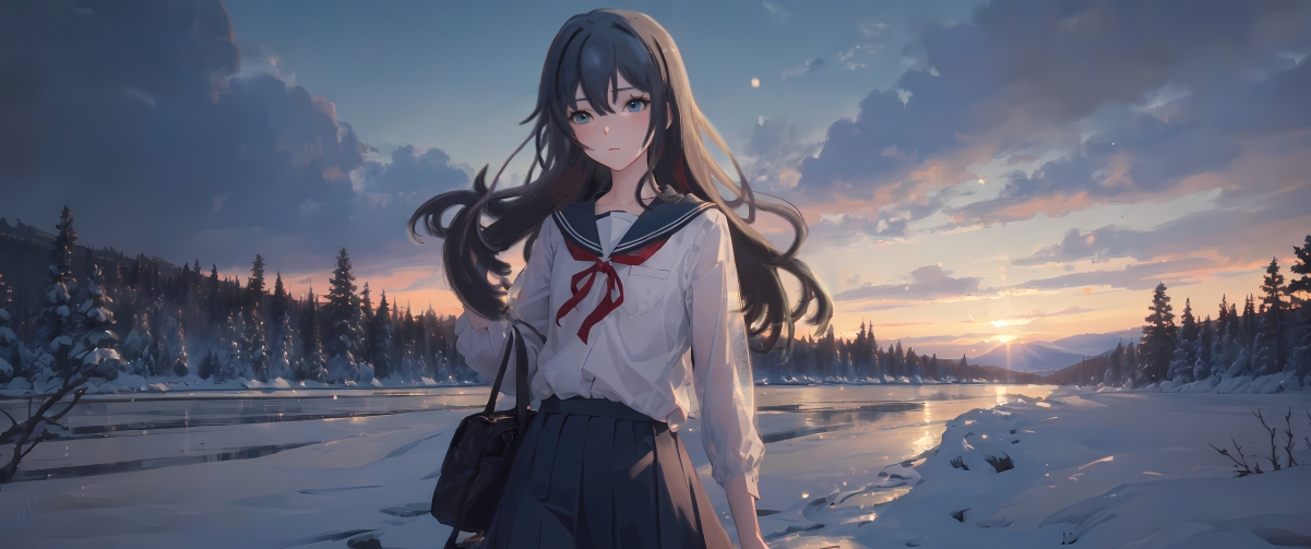 绝美长发动漫少女，校服倩影融入自然风景，4K带鱼屏壁纸高清呈现，3440x1440分辨率下载尽享