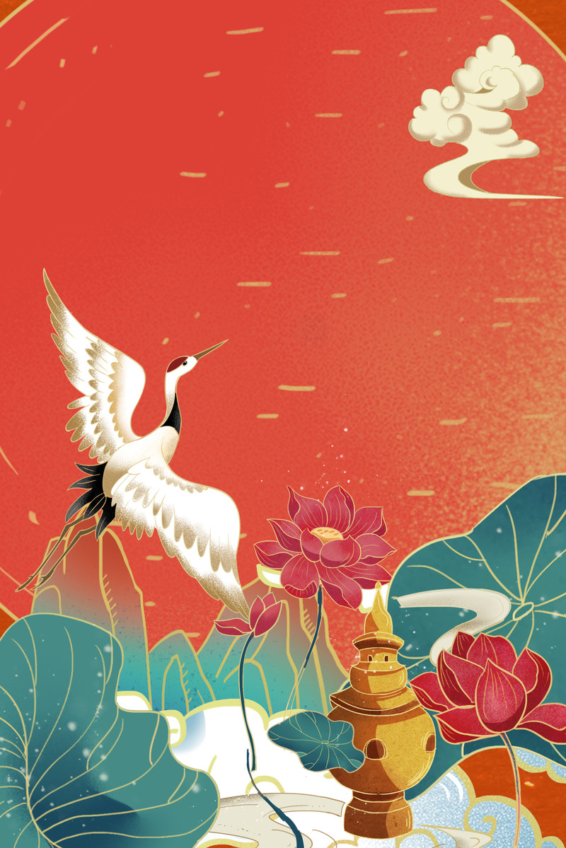 复古中国风插画，丹炉荷花仙鹤祥云荷叶手绘，高清JPG素材下载