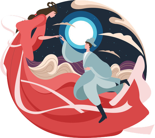 高清七夕手绘卡通元素，牛郎织女PNG透明图片，优质设计素材下载