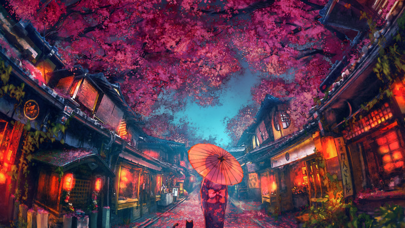 复古和服樱花巷猫咪，高清中国风JPG图片素材，一键下载