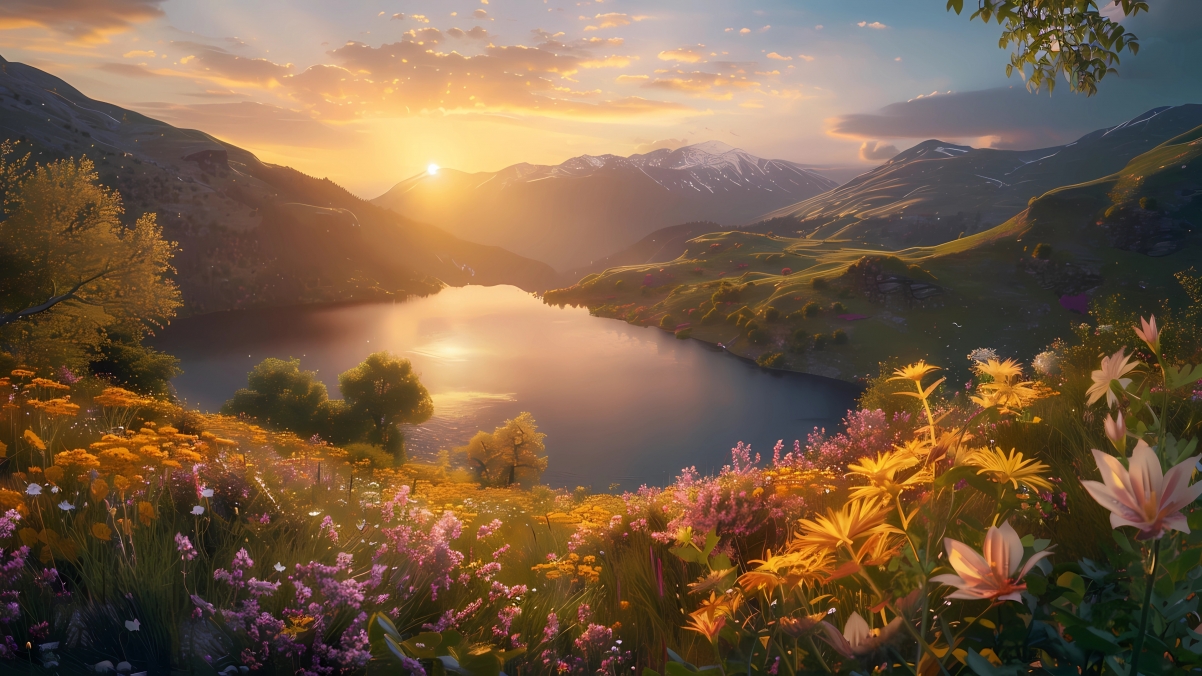 绝美4K高清壁纸，静谧高山湖泊，鲜花点缀的漂亮风景，3840x2160分辨率免费下载