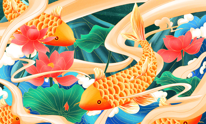 复古中国风好运锦鲤装饰插画，高清JPG图片设计素材免费下载