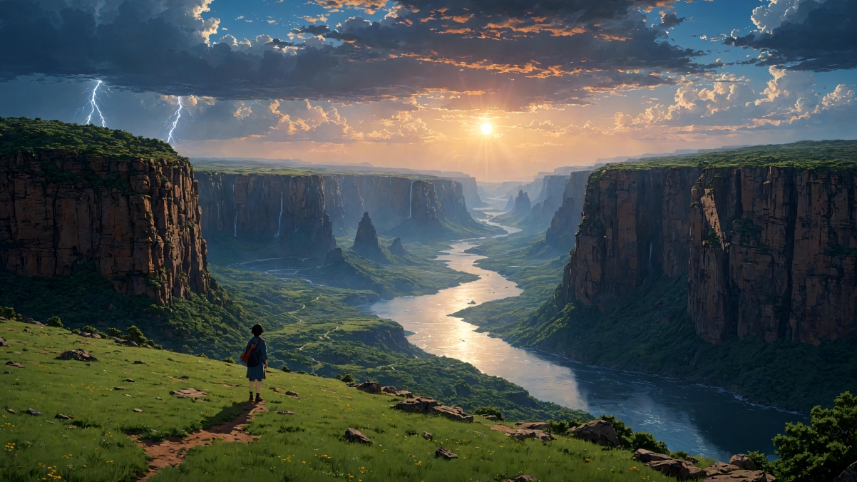 绝美4K壁纸，山川河流映衬下的绿草地，女孩背影，高清3840x2160风景图片，免费下载