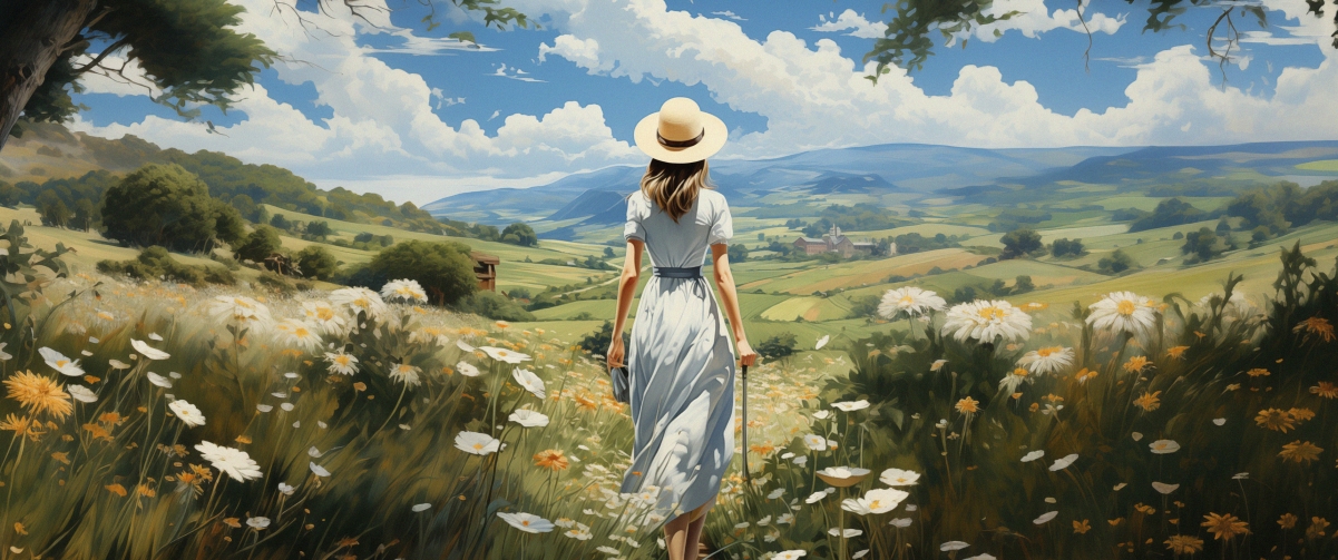 梦幻花田少女草帽美图，3440x1440超高清4K动漫壁纸，带鱼屏专属，一键下载高清美图