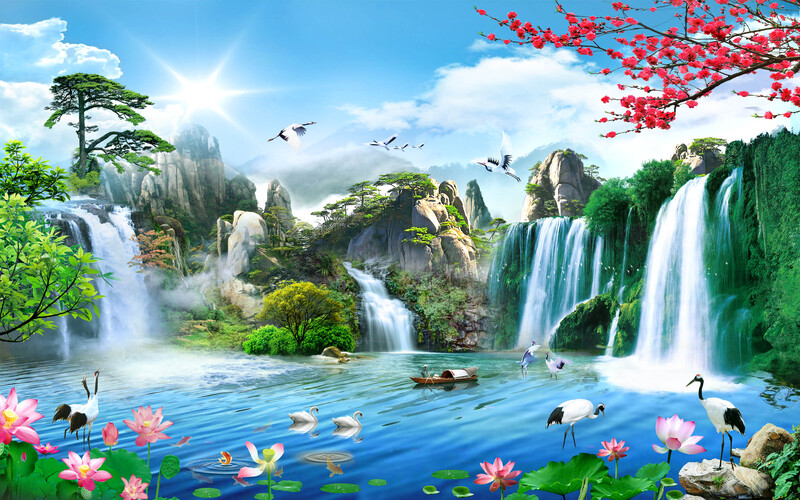 复古中国风高清JPG图片素材，长寿松树瀑布电视墙背景，优雅下载