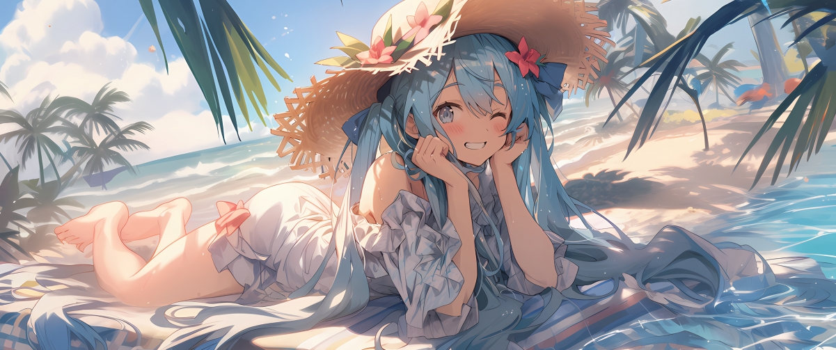 初音未来海边少女戴帽高清4K动漫壁纸，专为3440x1440带鱼屏设计，精美下载