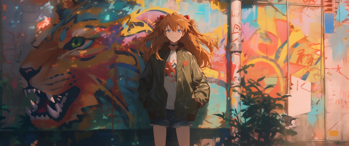 高清4K动漫壁纸，明日香涂鸦老虎，专为3440x1440带鱼屏设计，精美动漫图片下载