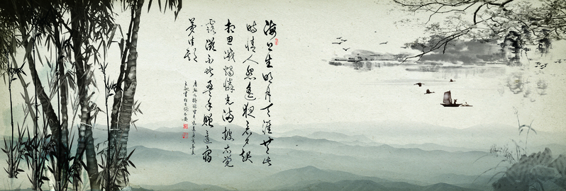 复古中国风山水画花鸟竹韵背景Banner，高清JPG图片设计素材下载