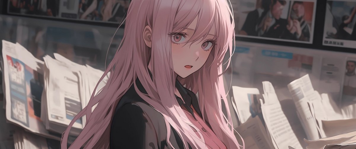粉色长发动漫女孩壁纸，4K高清带鱼屏版，3440x1440分辨率，打造专属报纸墙风格