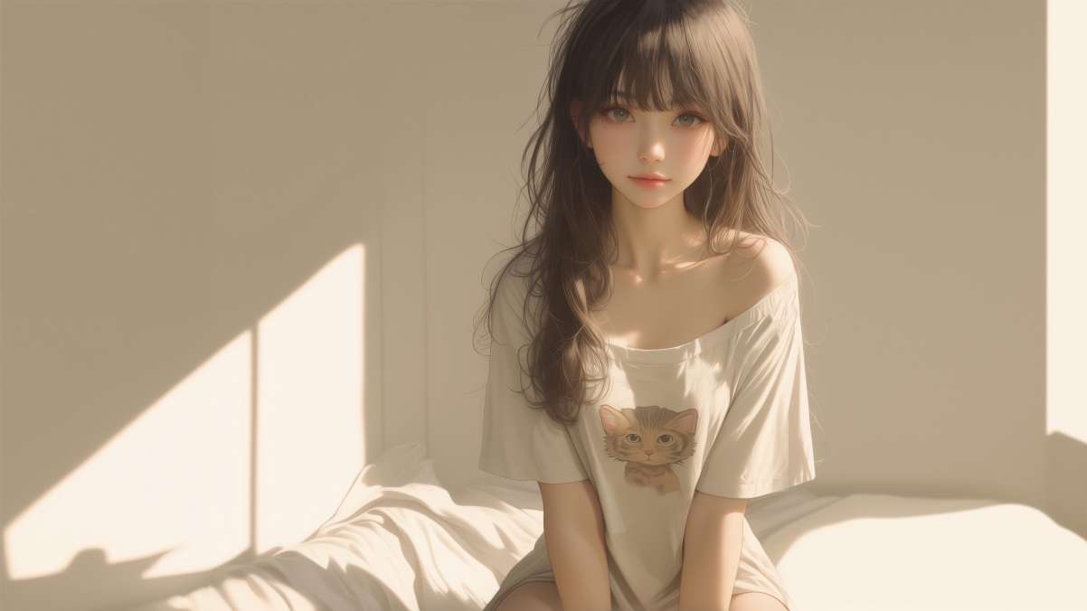 4K高清壁纸，阳光洒满动漫房间，长发女孩倚窗，绝美3840x2160分辨率下载