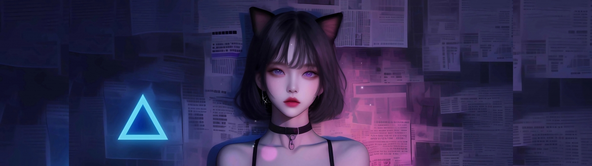 高清双屏壁纸，个性少女融合兽耳猫耳元素，报纸墙背景，专为5120x1440带鱼屏电脑打造，免费下载