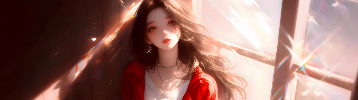 窗边阳光下的红衣少女，搭配纯白内搭，3840x1080超清壁纸下载