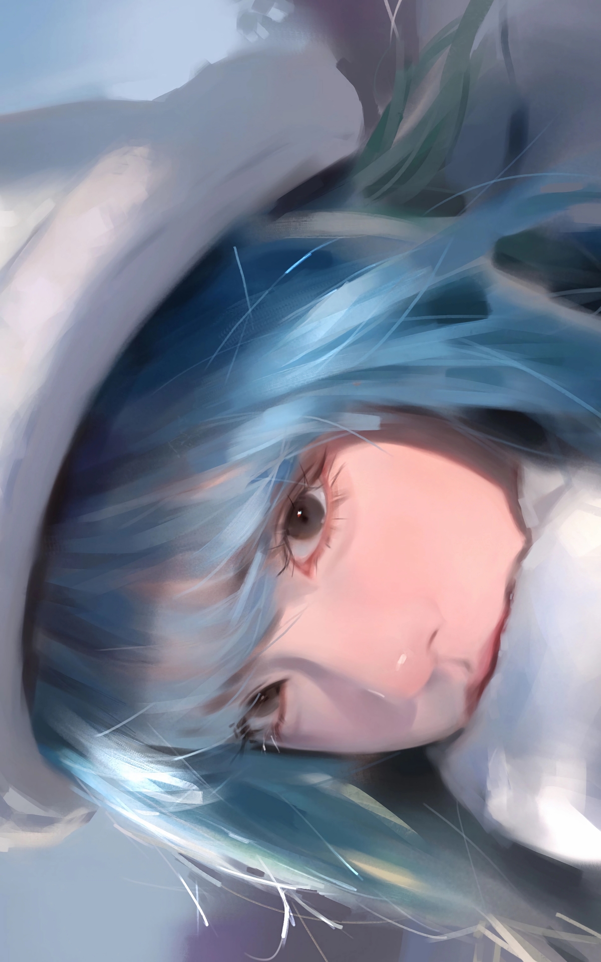 高清4K动漫女孩蓝色发丝手机壁纸下载，2400x3840分辨率，精美帽子主题