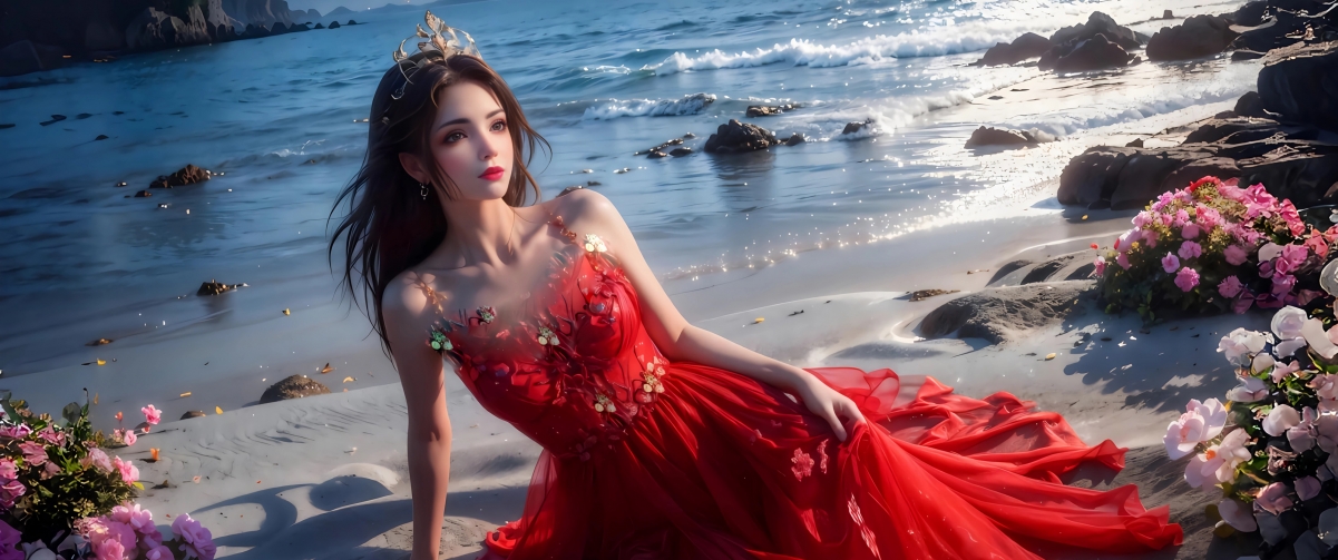 绝美海边红裙佳人，鲜花簇拥下的《斗破苍穹》动漫风情，4K高清带鱼屏壁纸，3440x1440分辨率下载