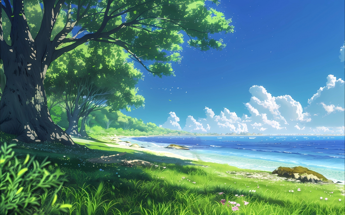 夏日海岸风光，绿树成荫，蓝天白云映衬下的壮阔大海，2560x1600高清电脑壁纸下载