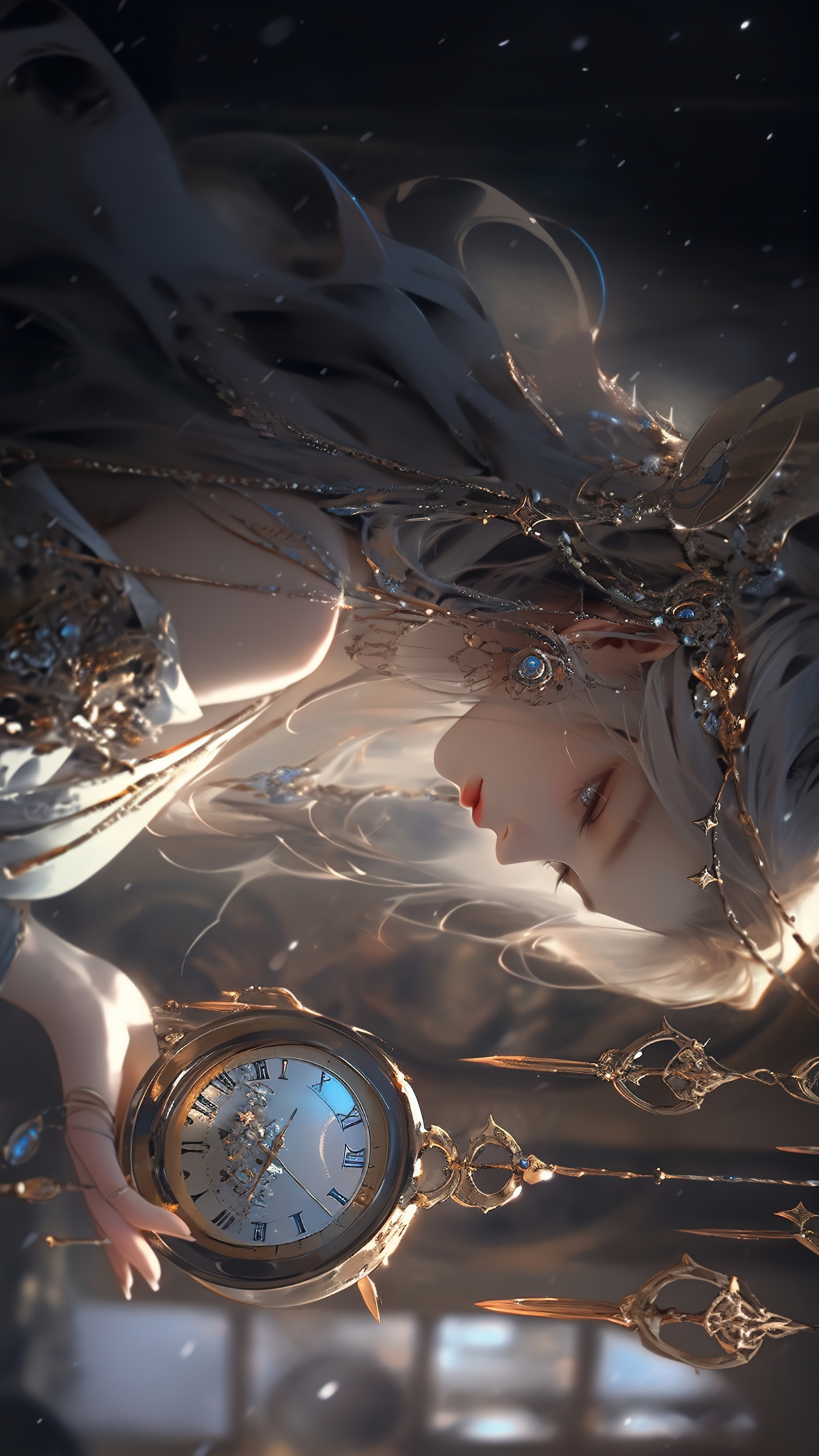 绝美长发少女·精致钟表元素4K动漫竖屏手机壁纸，高清2160x3840分辨率，免费下载