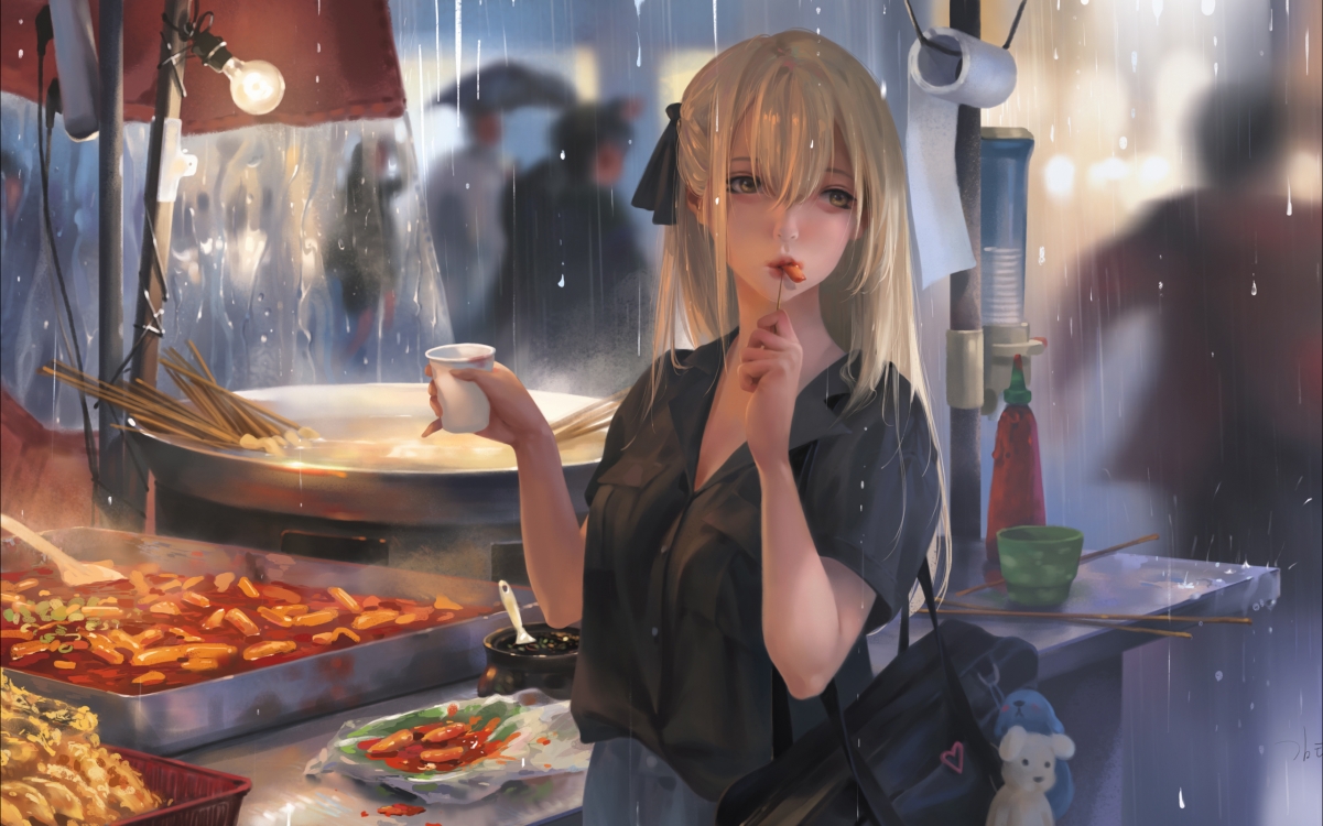 雨巷邂逅，美食女孩吃货瞬间，2560x1600超清动漫壁纸，高清下载尽享