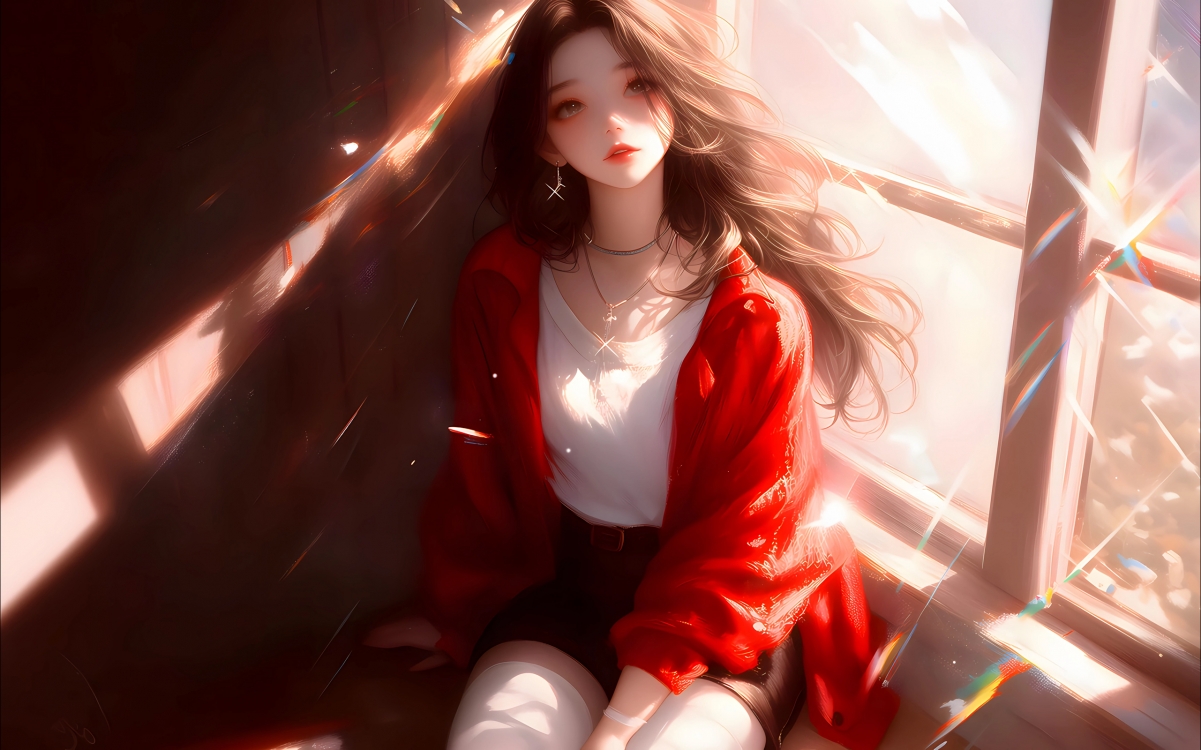 高清窗边阳光女孩电脑壁纸下载 - 2560x1600超高清分辨率