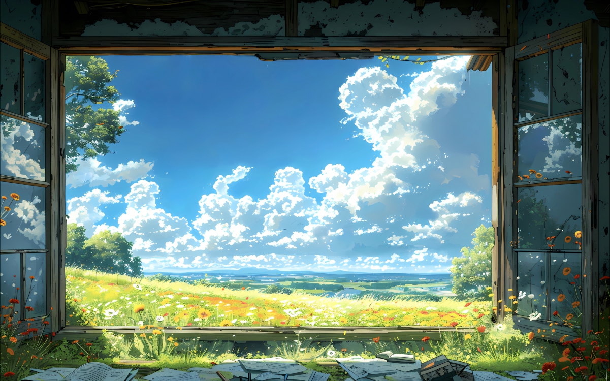 晴川蓝天白云鲜花树景，2560x1600超高清风景桌面壁纸，一键下载
