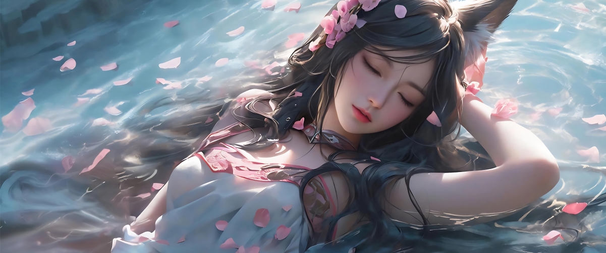 阿狸闭目兽耳花瓣浴水景，超高清4K动漫壁纸，适配3440x1440带鱼屏，精美下载