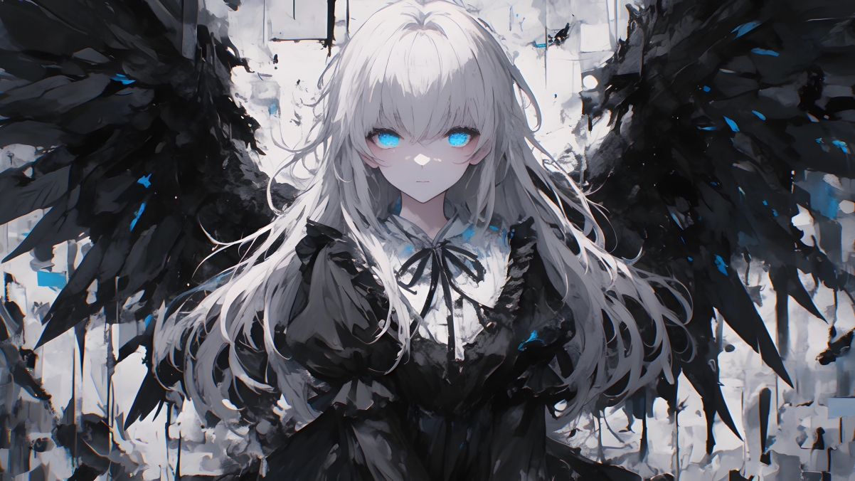 绝美天使女孩，蓝眸黑翼，4K超高清动漫壁纸，3840x2160分辨率，免费下载