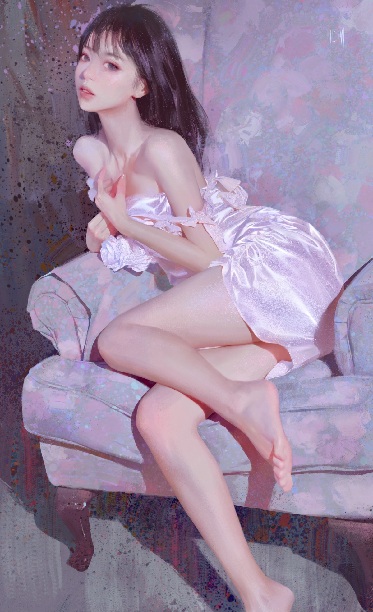 绝美沙发场景，美女身着裙子，厚涂艺术风4K超清手机壁纸，2340x3840分辨率，高清美图下载