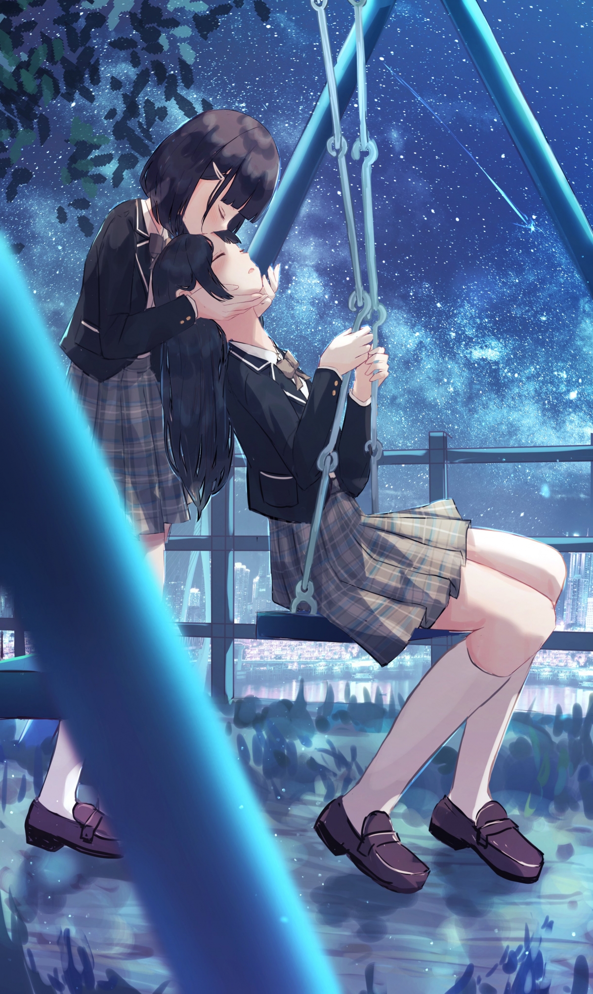梦幻夜空下，双生花校服少女荡秋千，动漫4K高清壁纸，璀璨星辰伴你行 - 2444x4096超高清手机图片下载