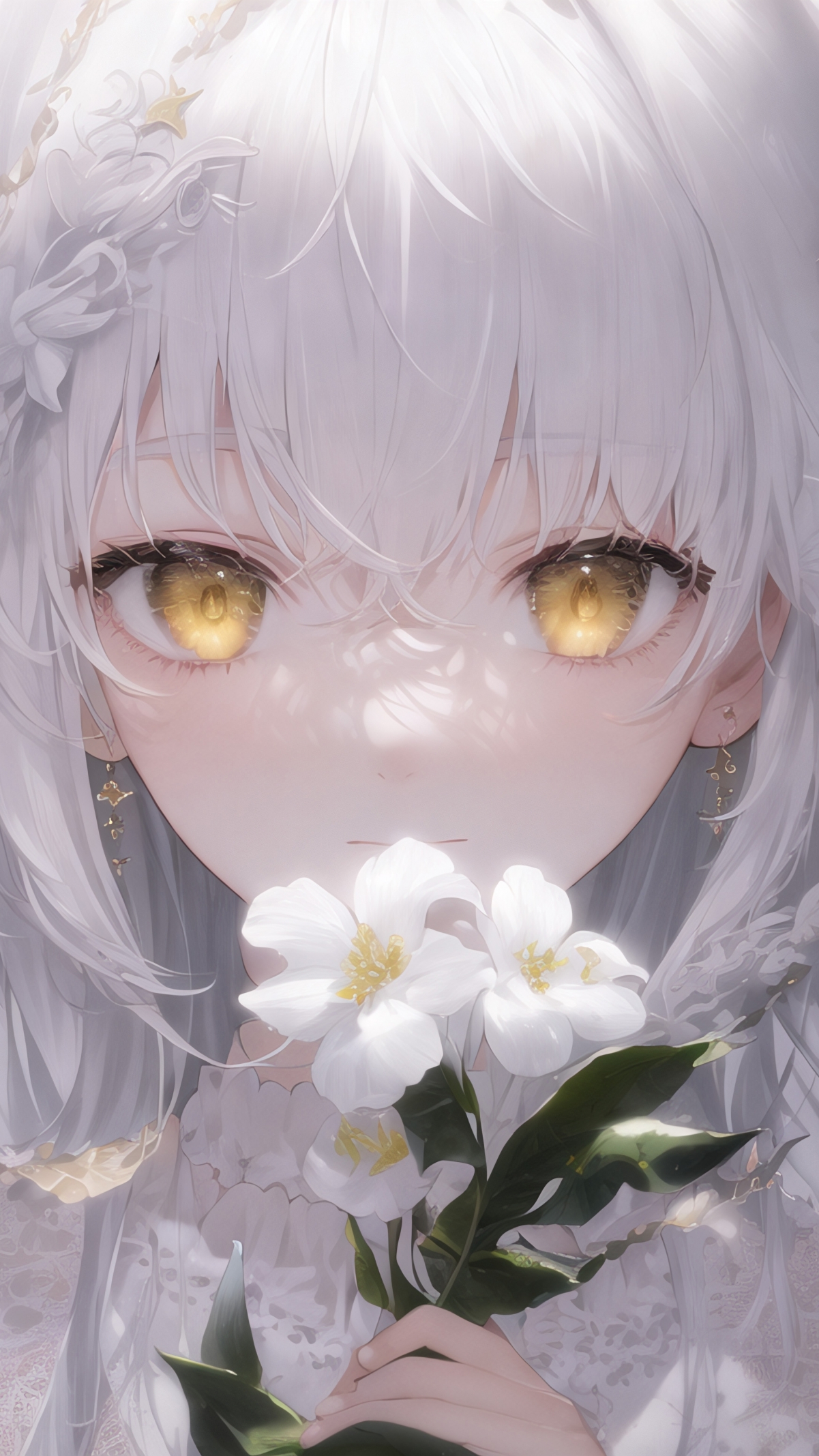 绝美少女白发如雪，花卉环绕4K动漫风手机壁纸，高清2160x3840分辨率，一键下载绝美屏保