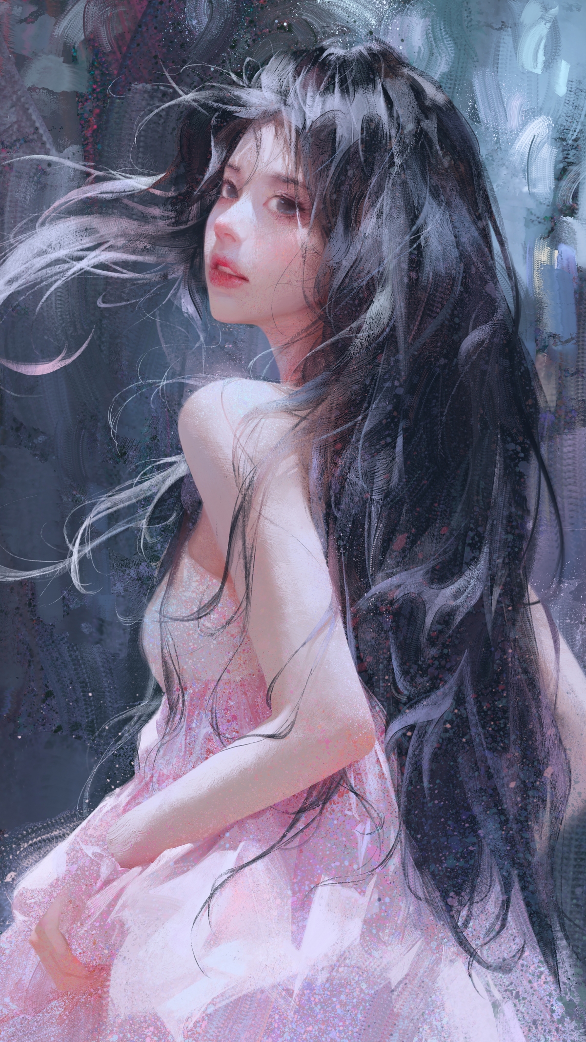 唯美动漫长发女孩回眸粉裙瞬间，4K超清手机壁纸，2160x3840高清下载
