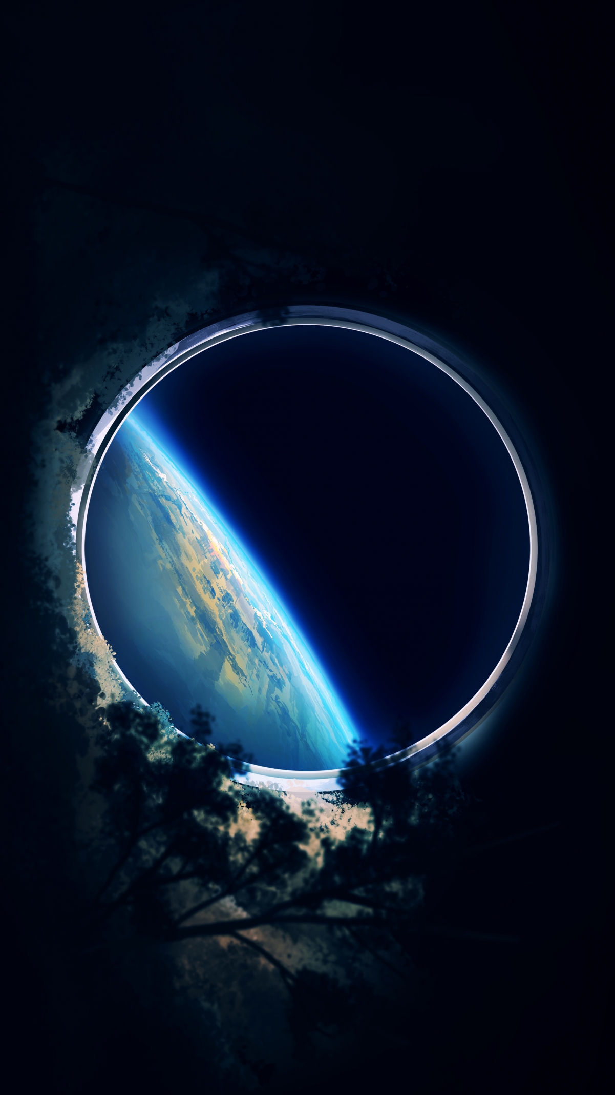 深邃太空星球与树的梦幻交织，竖屏4K高清壁纸，黑色背景，手机专享，2160x3840极致清晰，一键下载