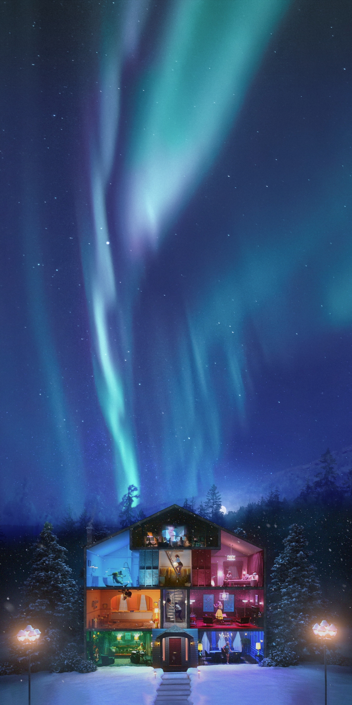 冬日极光星空屋，雪地美景4K全屏手机壁纸，高清1920x3840下载
