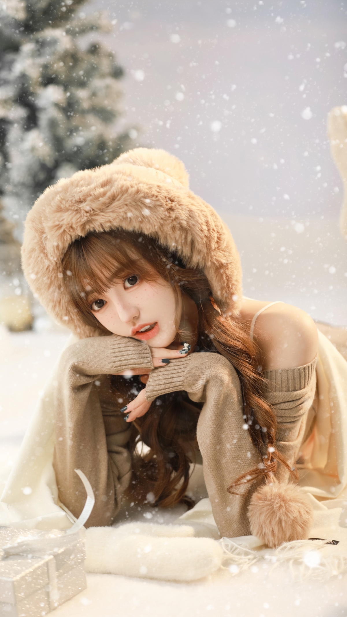 圣诞雪天4K高清壁纸，可爱美女与雪花帽，2160x3840分辨率，手机壁纸精选下载