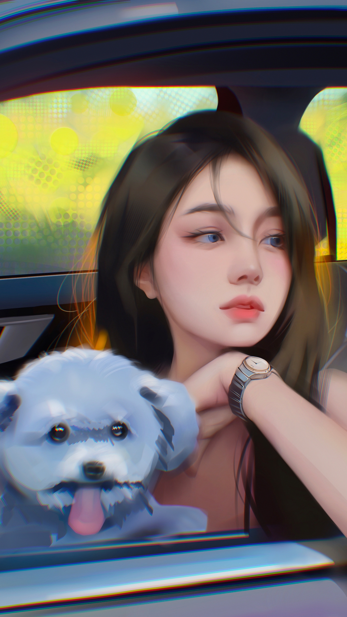 动漫女孩车内赏景4K竖屏高清壁纸，2160x3840分辨率，手机美图下载