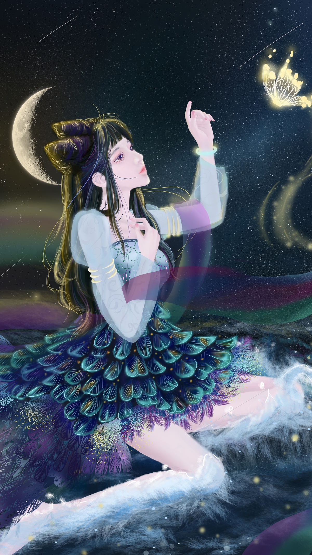 古风月夜，巴图BATU女孩丝绸轻舞，蝶绕月影，4K竖屏动漫壁纸，高清2160x3840，绝美手机屏保下载
