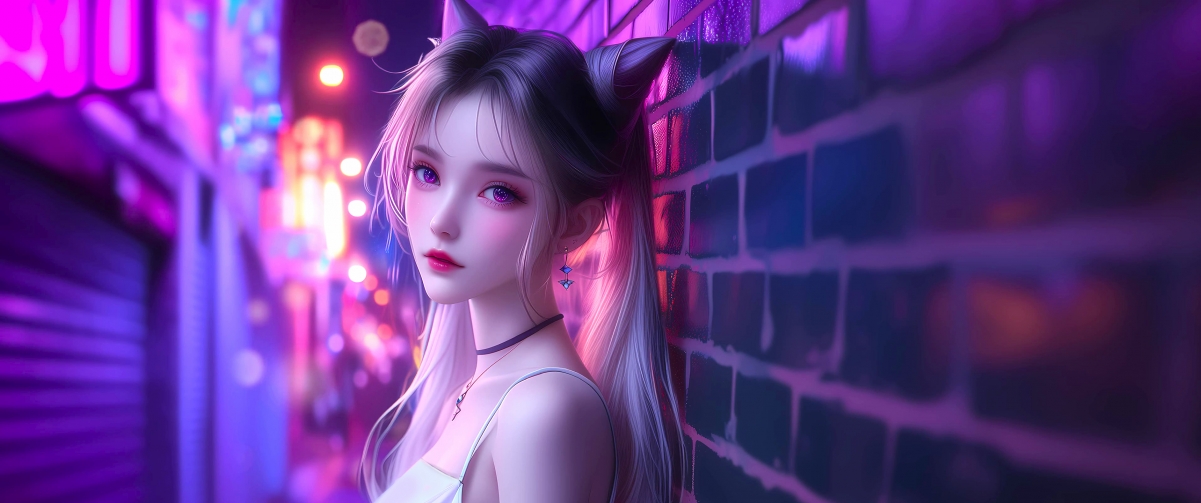 赛博朋克风狐耳少女4K超清壁纸，3440x1440带鱼屏专属，动漫美图下载