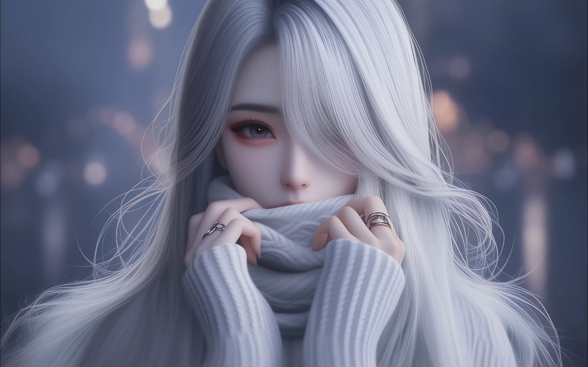 高清唯美白色长发动漫女孩围巾壁纸，2560x1600分辨率，免费下载
