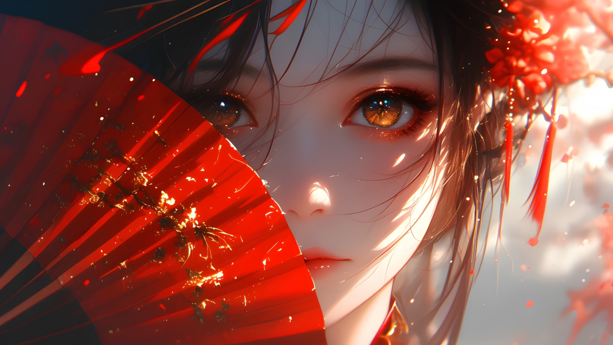 绝美古风红扇佳人4K超清动漫壁纸，3840x2160分辨率，高清美图下载