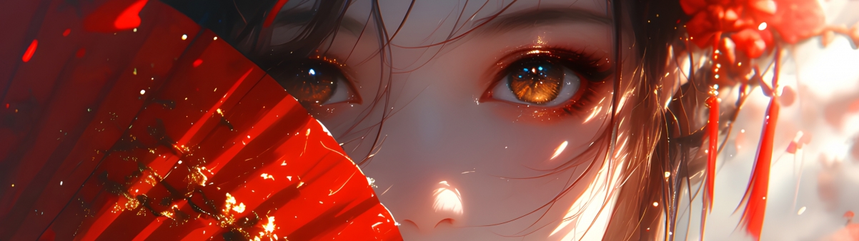 绝美古风红扇动漫少女4K双屏壁纸，高清3840x1080分辨率，一键下载