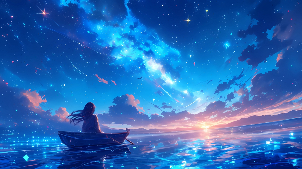 4K高清壁纸，仰望星空的女孩与小船，3840x2160分辨率下载