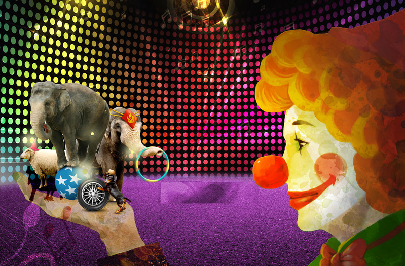 小丑马戏团嘉年华梦幻背景高清JPG素材，创意狂欢图片设计下载