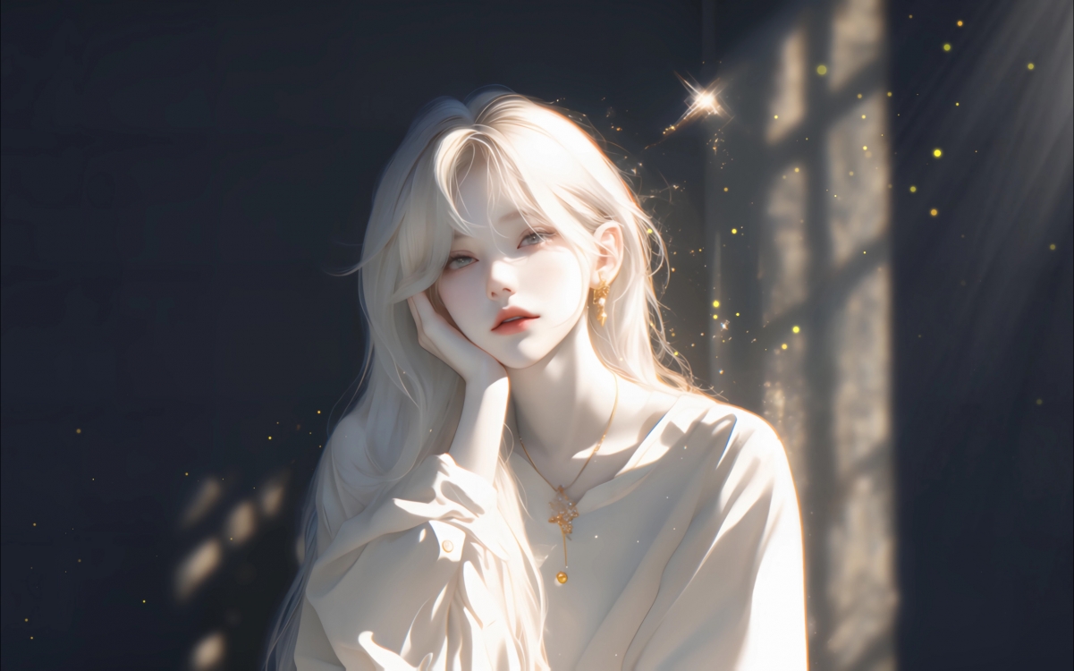 白衣美女托腮动漫高清桌面壁纸 2560x1600 下载
