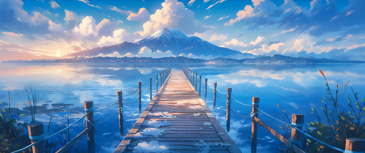 山景桥水蓝天白云 4K超清风景壁纸 3440x1440带鱼屏下载