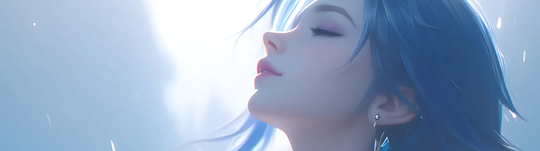 唯美蓝色头发少女闭眼双屏壁纸 3840x1080 高清下载
