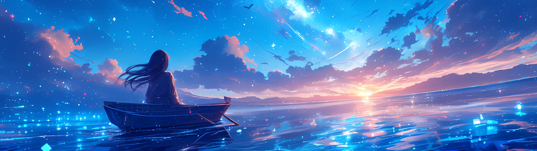 仰望星空下小船与女孩 3840x1080超清双屏壁纸下载
